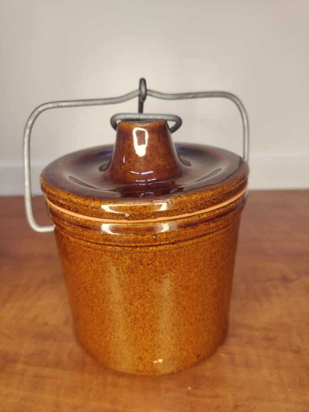 Vintage Brown Glazed Stoneware Cheese Crocks w/ Wire Bail Locking Lids & Gaskets